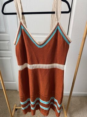 Y2K Rust Crochet Tank Dress with Cream & Turquoise Trim